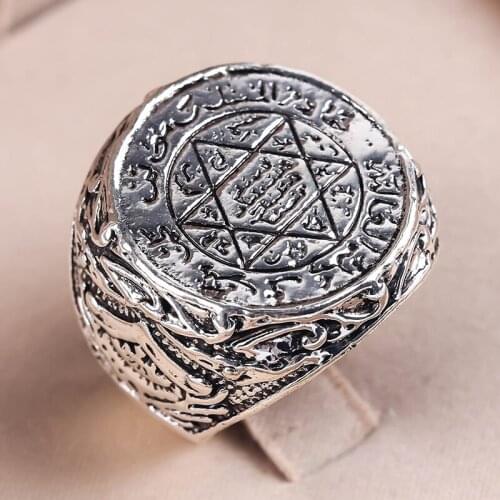 Mens Hip Hop Antique Silver Color Arabic Carved Pentagram Star Pattern Knuckle Rings Punk Jewelry Rock Masculine Gifts P5M396