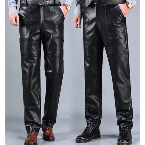 New 2021 Mens Leather Trousers Autumn Winter Male Genuine Leather Straight Pants Men Motorcycle Riding Pants Plus Size #44