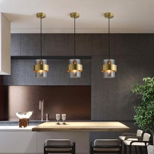 Postmodern Bedside Small Pendant Light Copper Trapezoid Circle Glass Ball Hanging Lamp for Bedroom Living Room Home Decoration