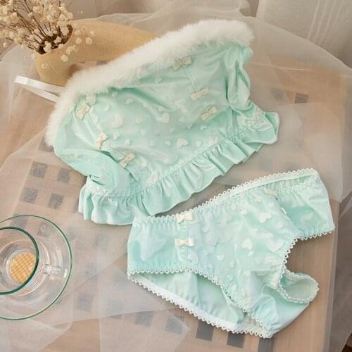 Fluffy Fur Trim Light Green Vest Camisoles & Panties Set Wirefree Soft Underwear Sleep Intimates Set Kawaii Lolita Fairy Kei