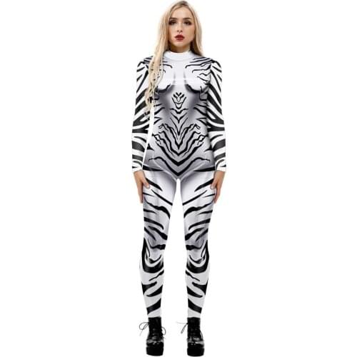 Adult Skeleton Print Halloween Cosplay For Women Zebra Jumpsuit Party Carnival Performance Scary Costume Bodysuit