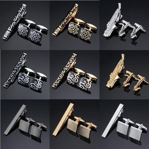 Novelty High Quality Cuff links necktie clip for tie pin for mens gift Hand engraving tie bars cufflinks tie clip set Jewelry