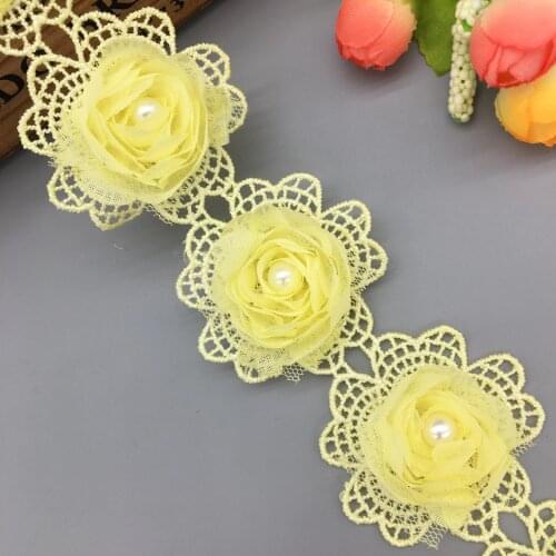 1 Yard Yellow 5.5CM Pearl Flower Soluble Wedding Lace Trim Knitting Embroidered Handmade Patchwork Ribbon Sewing Supplies Craft