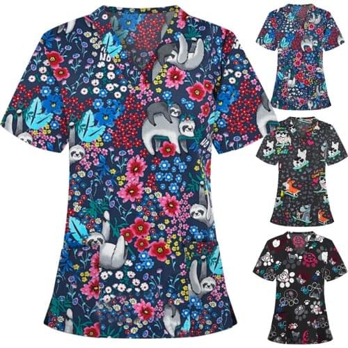 Nurse Overalls Fashion Women Animal Print Casual Short Sleeve V-neck Carer Tops Uniforme Enfermera Blouse медицинская одежда q5