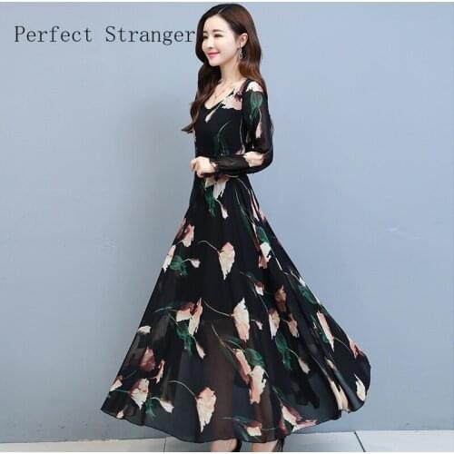 2020 Autumn New Arrival M-4XL Bohemian Style Round Collar Flower Printed Long Sleeve Women Chiffon Long Dress