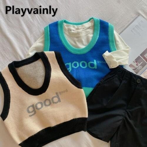 2021 Hot Sale New Autumn Boys Girls Vest White Blue Round Collar Sleeveless Waistcoats Pullover Knit Sweaters Kids Clothes E018