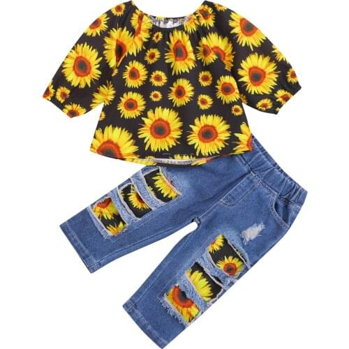 2021 0-3Y Casual Kids Baby Girl Clothing Set Sunflower Print Off Shoulder Long Sleeve Top+Patch Denim Pants Autumn 2pcs
