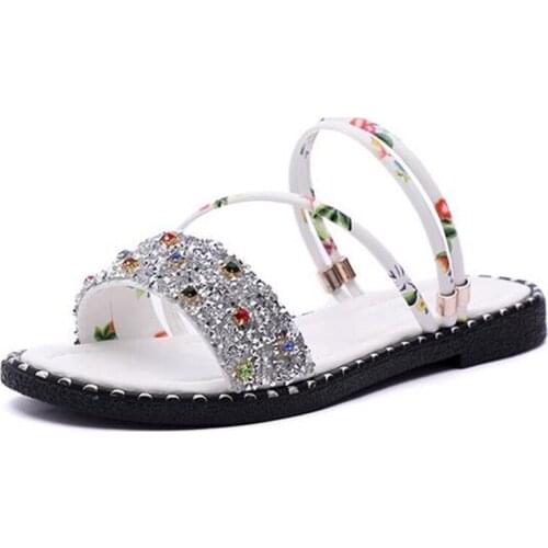 2021 Two WEAR Slippers Woman Summer Outdoor Diamond Flats Sandals Student Flat Bottom Sandals Womens Shoes Zapatos De Mujer