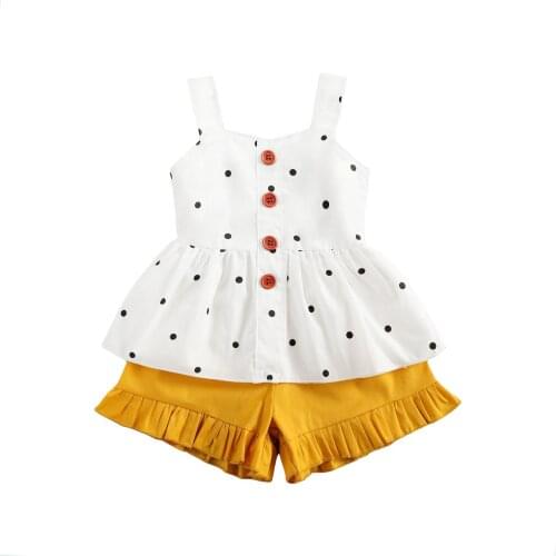 2021 Cute 0-24M Baby Girl Clothing Button Dot Print Sleeveless Top Vest+Ruffle Solid Shorts Summer 2pcs Outfits Set