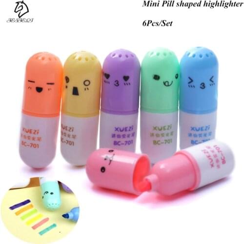 6 Pcs/set Mini Pill shaped highlighter pens for writing Cute face Graffiti marker pen Korean stationery school office supplies