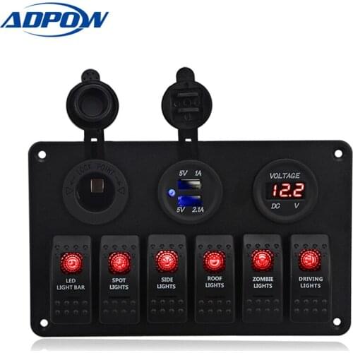 ADPOW Car Boat Rocker Switch Panel Dual USB Cigarette Lighter Socket Voltmeter Auto Car Switche Panel LED Boat Switch Panel