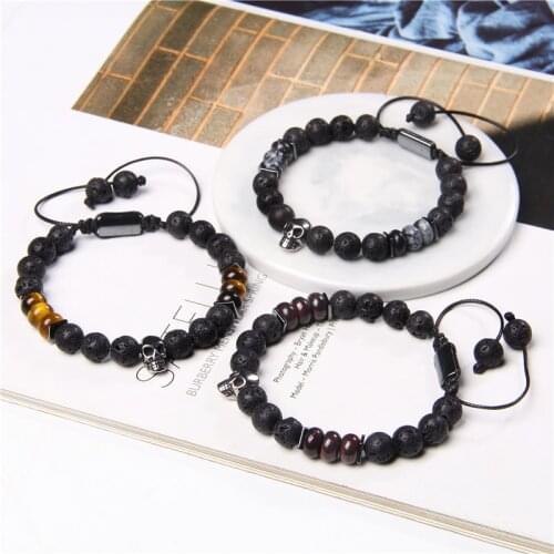 Skull Charm Bracelets For Men Women Natural Stone Lava Beads Bracelet Gothic Punk Rock Essential Oil Diffuser Energy Jewelry