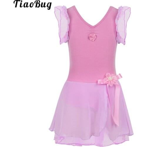 TiaoBug Kids Girls Tutu Ballet Dance Dress Leotard Fancy Costume V-Neck Short Sleeve Cotton Dancewear