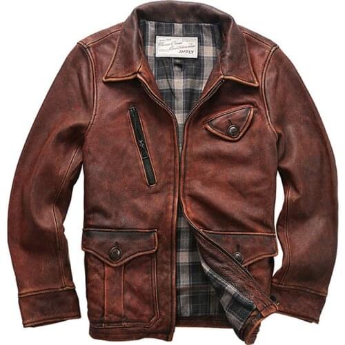 2021 Mens Genuine Leather Jacket Cowhide Coat Motorcycle Jacket Multi-Pocket Mens Retro Distressed Leather Coat