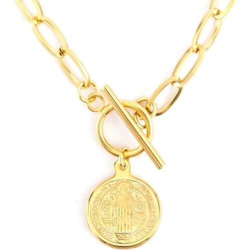 Stainless Steel Saint Benedict Medal WOMEN NECKLACE GOLD COLOR Toggle PENDANT Heavy CHOKER Collares de Moda Boho Collier Gift