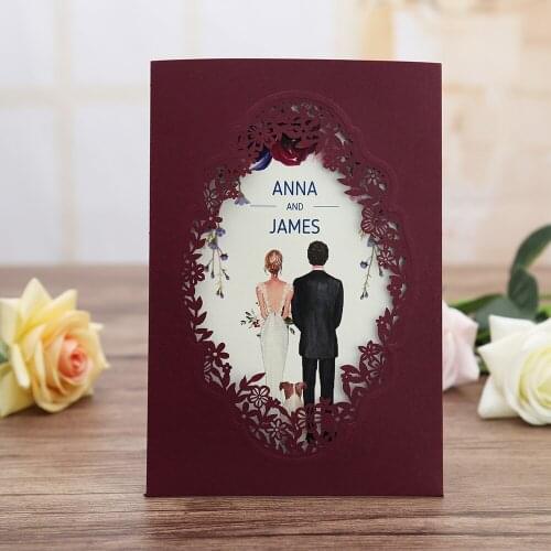 Engagement 100pcs Burgundy Pink Navy Blue Gold Vertical laser cut Anniversary party wedding invitation