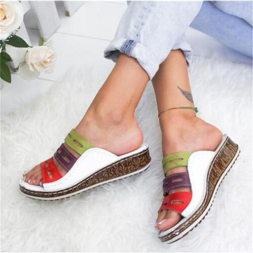 New Women Summer Stitching Sandals Casual Slip on Open Toe Sandals Rome Retro Leather Platform Wedge Slides Beach Shoes Ladies
