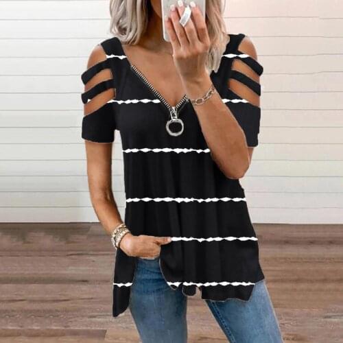 Sexy Off Shoulder T Shirts Womens Zipper V-neck Short Sleeve Stripe Camouflage Floral Print Summer Casual Loose Tops Tee Shirt