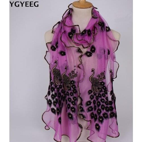 YGYEEG New Women Peacock Lace Scarf Long Chiffon Stylish Luxury Scarf Colorful Shawl Stole Ladies Scarves 21 Colors Shiny J077