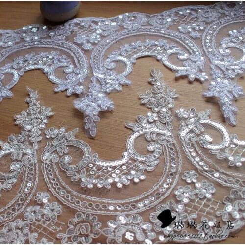 1 Yard Bling White Ivory Red Sequin Cording Fabric Flower Venise Venice Mesh Lace Trim Applique Sewing Craft for Wedding Decor