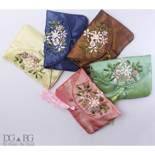 Embroidery Damask Cloth Pouches Chinese Silk Style Brocade Embroidered Bag with Snap Button and Zipper for Jewelry Gift Bags