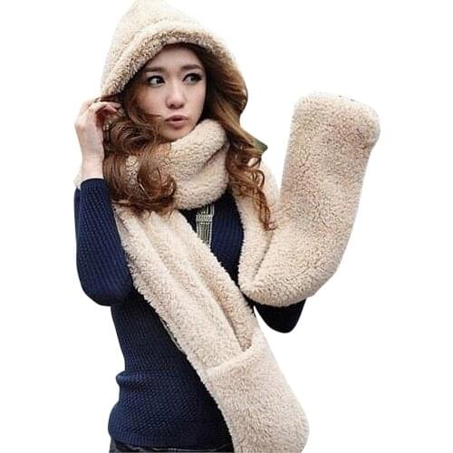 High Quality Female Winter Warm Soft Plush Faux Fur Hooded Cap Set Hat Scarves Scarf Gloves A Nice Gift For Woman Girl