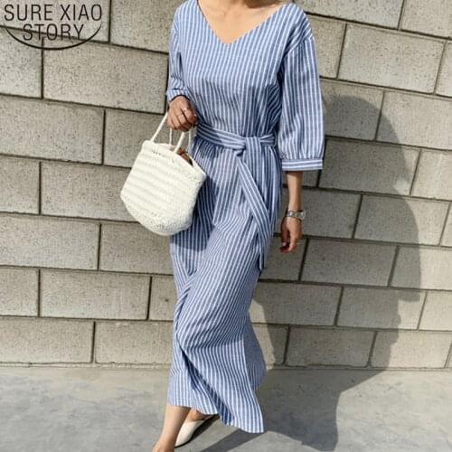 Women Dress Loose Lace Up Belt New Fashion 2020 Summer Casual V-neck Half Sleeve Striped Split Cotton and Linen Long Dress 9679
