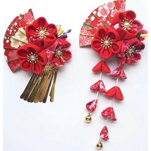 1pcs Handmade Japanese Hairpin Tsumami Zaiku Kanzashi Sakura Fan Tassel for Kimono Hanfu Cosplay Prop Hair Decor for Women Girl