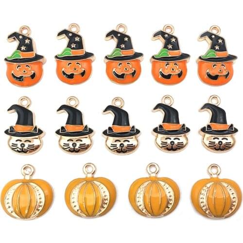 10Pcs/Lot Enamel Halloween Charms Mixed Small Witch Hat Pumpkin Charms For DIY Alloy Pendant Jewelry Making Accessory