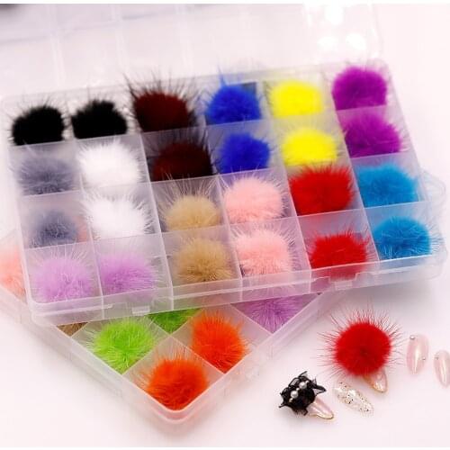 24Pcs/Box Soft Touch Nail Pom Poms Trendy Charms Puffy Ball Fluffy Kit Pendant Jewelry 3D Detachable Nail Colorful Supplies