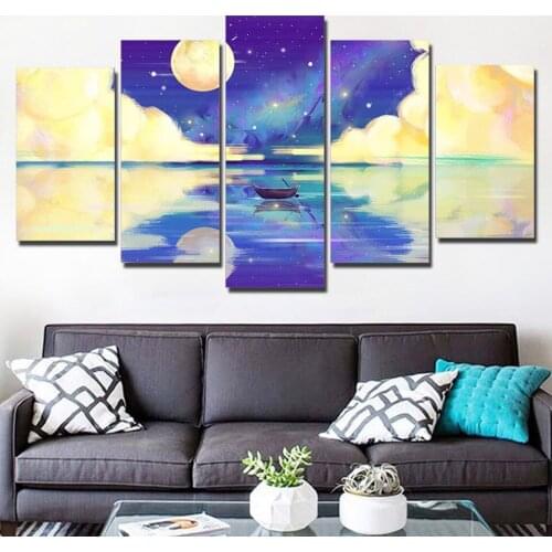 5 Pieces Wall Art Canvas Painting Landscape Poster Moon In Water Modern Living Room Home Decoration For Framework Pictures