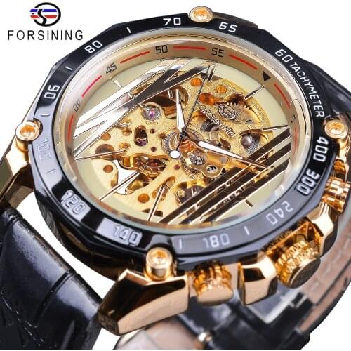 Forsining 2018 Golden Skeleton Clock Male Mens Automatic Self-wind Wrist Watches Top Brand Luxury Luminous Hands Black Band