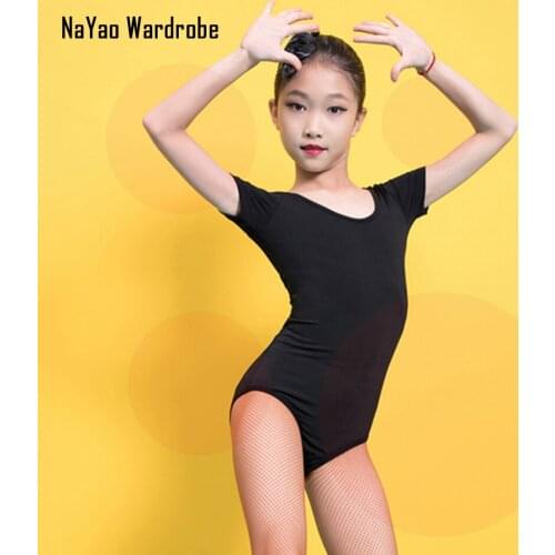 2021 New G1135 Kids Latin Dance Bodysuit Short Sleeve V BackGirl Latin Dancing Clothes Belly Ballroom Tango Dresses L3019