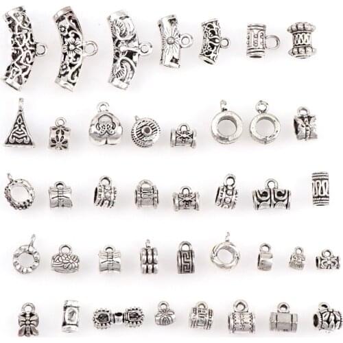 40pcs/lot Mixed Antique Silver Color Vintage Big Hole Loose Beads Bracelets Charm Pendants Fashion Jewelry Making Findings