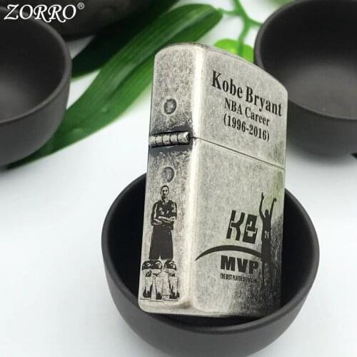 Zorro Kerosene Lighter Old Silver Pure Copper Fine Carving Basketball Star Pattern Men Gift Collection Gasoline Oil Lighter