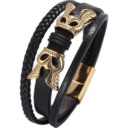 Fashion Punk Man Jewelry Multilayer Leather Bracelet Men Golden Stainless Steel Magnetic Buckle Charm Bracelets Bangles PD0676