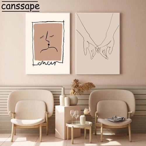 Boho Wall Art Canvas Painting Abtract Line Paintings Hand In Hand Posters Couple Kiss Print Vintage Pictures Living Room Decor