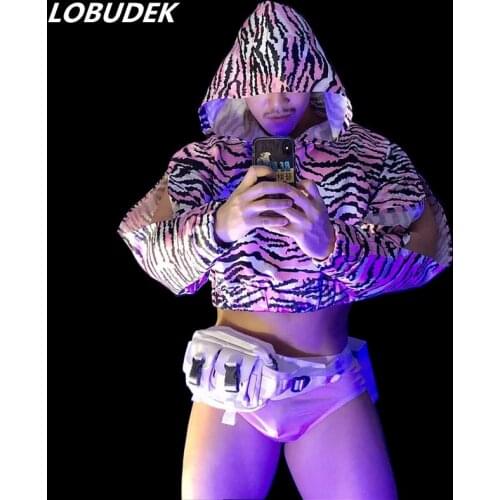 Sexy Bar Nightclub DJ Pole Dancing Costume Pink Leopard Hooded Tops Shorts Outfits Hip Hop Dancer Team Performance Clothes