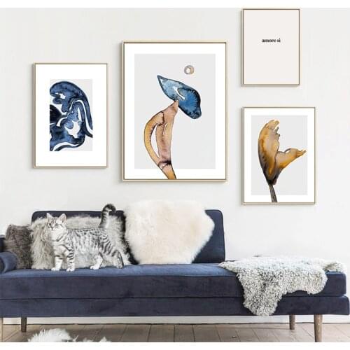 Blue Mushroom Line Poster Modern Home Decor Quotes Abstract Picture Nordic Print Wall Art Canvas Painting Living Room Decoration