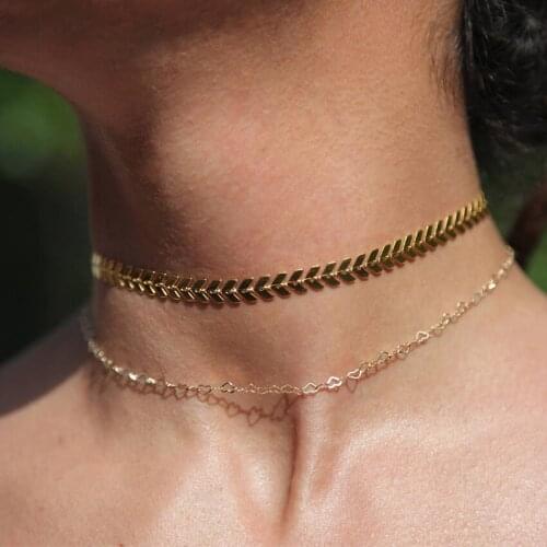 Simple Gold Silver Color Chain Leaf Choker Necklace For Women Love Heart Chocker Necklaces collar collier femme collares