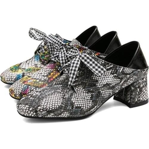 PXELENA Designer Snake Print Women Pumps Block Square Chunky Med Heels Mules Shoes Lace Up Daily Office Footwear Large Size 45