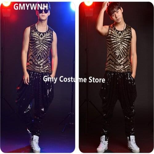 R16 Singer ballroom dance costumes men wears vest dj sequin dress clothe male outfits party show jacket rave disco Harem pants