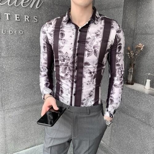 Flower Shirts Men 2020 Autumn Slim Fit Long Sleeve Casual Striped Shirt Streetwear Social Party Man Clothing Camisas Para Hombre