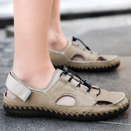 Summer Mens genuine Leather sandals Hollow out Sandals trendy Half Travel Trekking Slippers Waterproof Casual Beach Sneakers