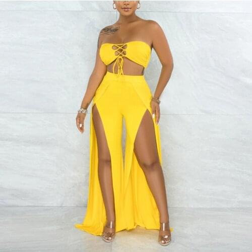 Wsevypo Women Sexy Two-piece Bandeau Sets Solid Color Lacing Strapless Bra+Slit Wide Leg Pants Summer Party Office Lady Suits