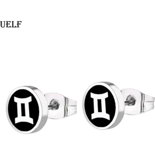 Uelf Punk Barbell Earring Gothic 1 Pair For Women Men Stainless Steel Piercing Hot Sale Black Color Zodiac Types Shape