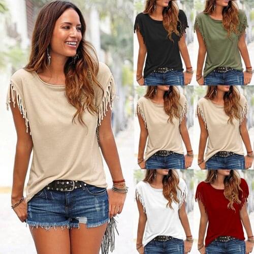 Spring and Summer Boutique Ladies Solid Color Round Neck Short-sleeved Tassels Cotton Temperament Commuter Simple Sweet T-shirt