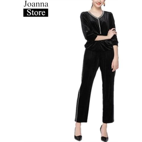 Spring New Velvet Splice T-Shirt Suits Women V-Neck Seven Points Sleeve Tops Loose Wide Leg Pants Black Plus Size Casual Clothes
