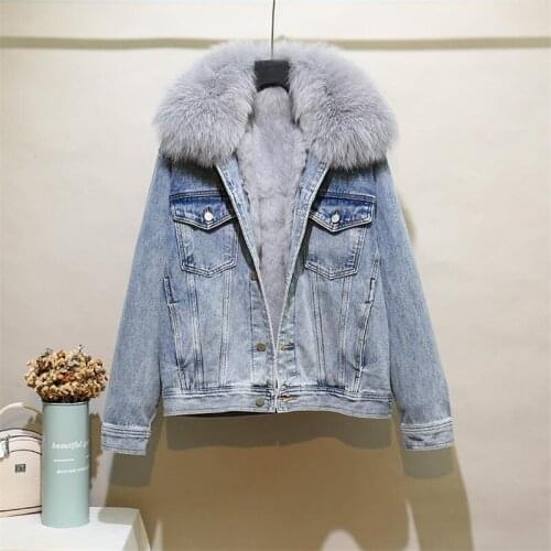 4XL 3xl Winter New Women Denim Parka Real Fox Fur Collar Coat Flocking Plus Size Warm Loose Short Washed Cowboy Jacket Female