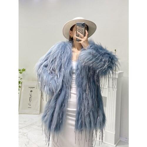New Natural genuine real Raccoon Fur Coat womens Luxurious fashion jacket Sequin tassel outwear